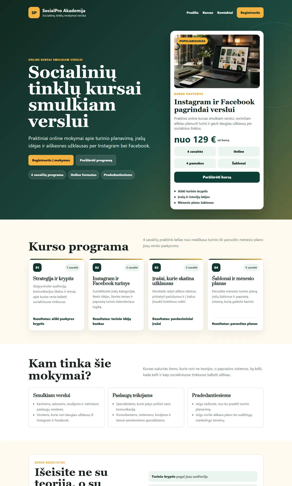Demonstracinės „SocialPro Akademijos“ puslapis: socialinių tinklų kursų pristatymas ir kurso programa
